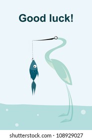 Illustration in shades of blue, lucky stork in the sky stands in the ode, who catches the fish