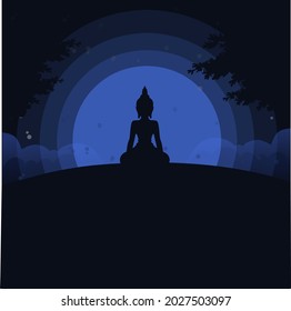 illustration of the shadow of a buddhist ascetic at night on a hill. flat vector illustration