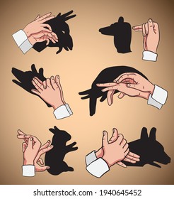 Illustration of Shadow hand animals, Shadow puppets - vector