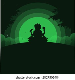  illustration of a shadow of a hindu god at sunrise on a hill. flat vector illustration