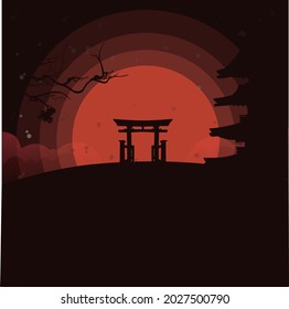 illustration of the shadow of a japanese pagoda on a red moon on a hill. flat vector illustration