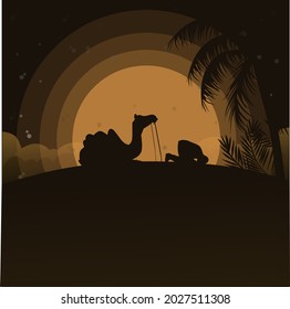 illustration of a shadow of a Muslim praying in a desert. flat vector illustration