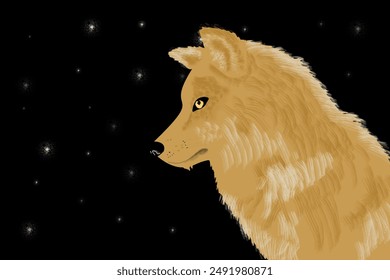 An illustration of a shaggy brown wolf against a nighttime background of snowfall.