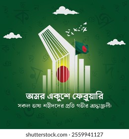 Illustration of Shaheed Minar , the Bengali words say "forever 21st February" to celebrate national language day. International mother language day in Bangladesh. Low angle views dynamic vector art.