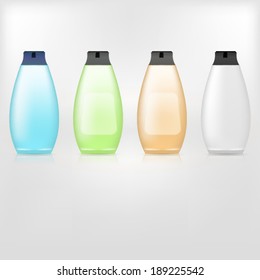 Illustration of shampoo. Colored bottles of shampoo. Four isolated vector illustrations on white.