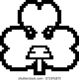 An illustration of a shamrock looking angry in an 8-bit cartoon style.