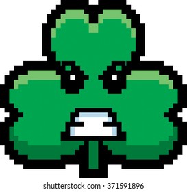 An illustration of a shamrock looking angry in an 8-bit cartoon style.