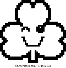 An illustration of a shamrock winking in an 8-bit cartoon style.
