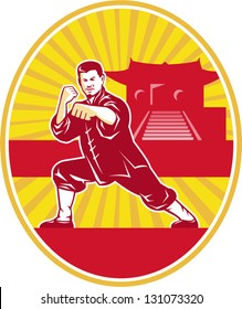 Illustration of shaolin kung fu martial arts karate master in fighting stance with temple and sunburst in background set inside oval done in retro style.