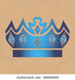 Illustration with shape of crown on brown background with mandalas. Tattoo design element. Heraldry and logo concept art.