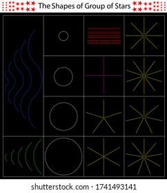 Illustration of the shapes of group of stars such as circular, wave, arc and cross on black background.