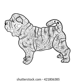 Illustration "Shar Pei Dog" was created in doodling style in black and white colors.  Painted image is isolated on white background.  It  can be used for coloring books for adult.
