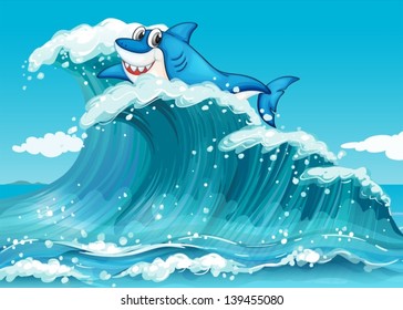 Illustration of a shark above the big waves