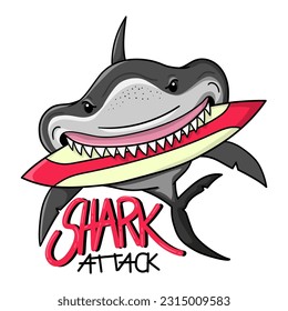  Illustration of a shark biting a surfboard with Shark attack lettering, t-shirt design