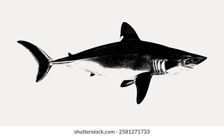 Illustration of a shark in black and white. The shark's sleek body and sharp fins are prominent. The shark's form is detailed and dynamic. Vintage fish illustration isolated on white, vector.