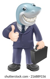An illustration of a shark business man giving a thumbs up. Concept for unscrupulous or dangerous business person.