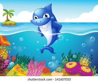 Illustration of a shark in the deep sea smiling