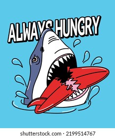 ILLUSTRATION SHARK HUNGRY EATING SURFBOARD