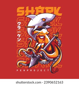 Illustration of a shark with a kraken armed with a spear. Vector graphics for t shirt prints and other uses. Japanese subtitle translation kraken