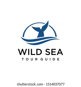 Illustration of shark with large fins swimming in the ocean logo design template