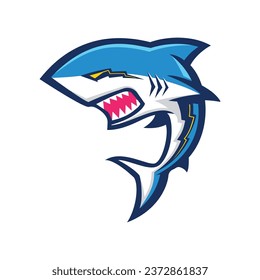 illustration shark logo with blue background and white good for game logo and education