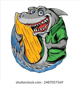 Illustration of a shark mascot surfing