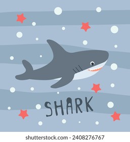 Illustration of a shark on a blue background.