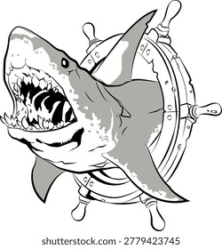 Illustration of a shark passing through the middle of a ship's rudder.