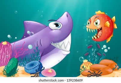 Illustration of a shark and a piranha under the sea