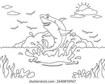 Illustration of a shark in the sea. Coloring book for children and adults