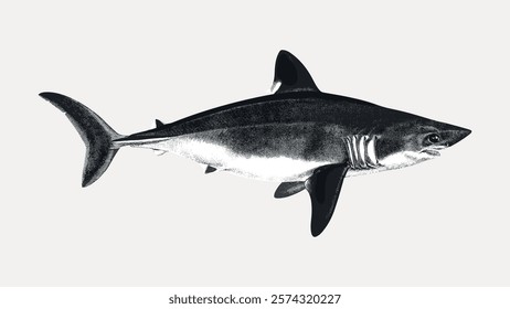 Illustration of a shark, showcasing its sleek body and sharp fins. The shark's detailed features highlight its powerful presence in the ocean. Shark illustration. Vintage illustration vector.