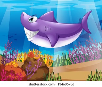 Illustration of a shark smiling at the bottom of the sea