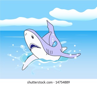 Illustration of a shark splashing in blue ocean, with clouds in the background. Available as vector