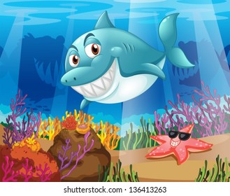 Illustration of a shark and a starfish under the water