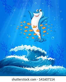 Illustration of a shark surrounded with fishes under the sea