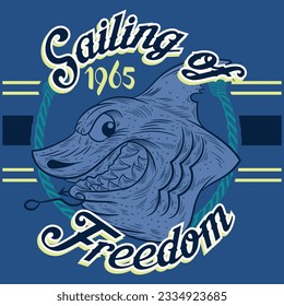 Illustration Shark Tattoo with text anchor with text Sailing of freedom Surf and beach style, Spring summer cool colors.