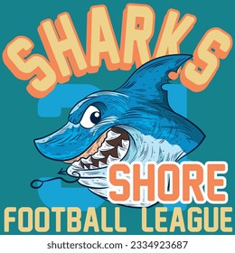 Illustration Shark Tattoo with text anchor with text Sharks shore football league and number 34 patchwork Surf and beach style, Spring summer cool colors.