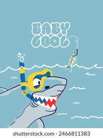 Illustration of a shark wearing sunglasses swimming in the sea, looking at a small fish as its meal. A cute illustration for greeting cards or t-shirt designs for boys and girls.