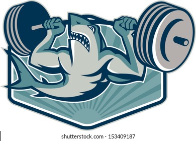 Illustration of a shark weightlifter lifting weights barbell viewed from front done in retro style.