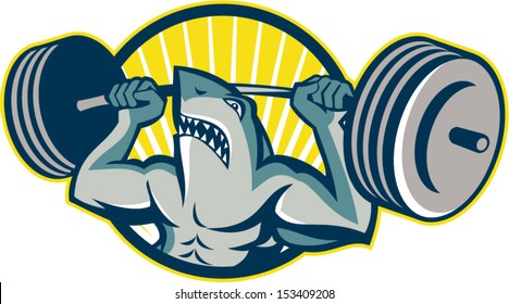 Illustration of a shark weightlifter lifting weights barbell viewed from front set inside circle done in retro style.