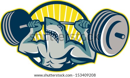 Illustration of a shark weightlifter lifting weights barbell viewed from front set inside circle done in retro style.