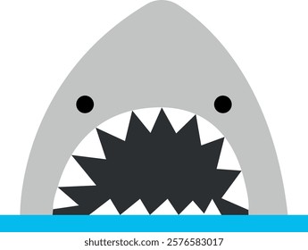 Illustration of a shark's head emerging from the water with a grey body, black eyes, and a wide-open mouth filled with sharp teeth. Represents marine life, ocean predators, and playful illustrations.