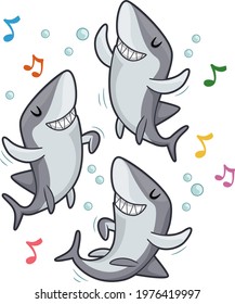 Illustration of Sharks Mascots Smiling and Dancing to Music