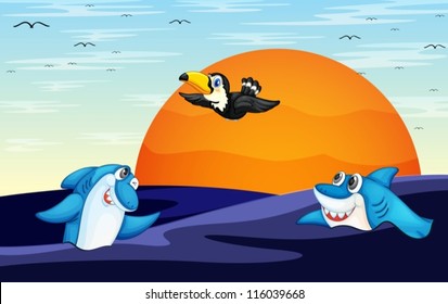 illustration of a sharks in ocean and birds