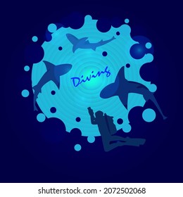 Illustration of sharks and scuba diver under the ocean water