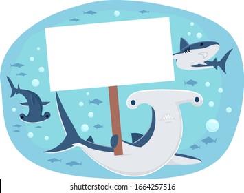 Ilustración de tiburones nadando bajo el océano, un tiburón martillo sostiene una placa blanca en blanco en protesta