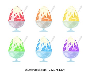 An illustration of shaved ice in a cup with various flavors of condensed milk.