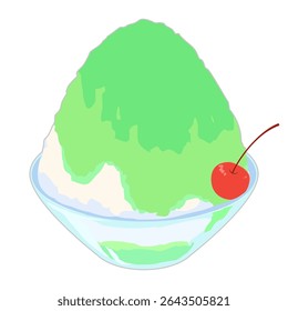 Ilustração de gelo raspado em uma tigela de vidro com xarope de melão, sem cor de linha