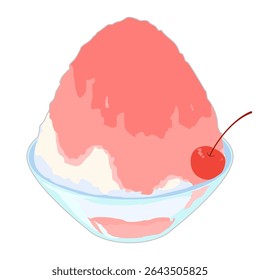 Illustration of shaved ice in a glass bowl with strawberry syrup,no line colour