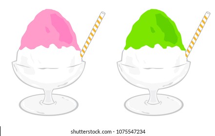 Illustration of Shaved ice.Strawberry Taste and melon taste.